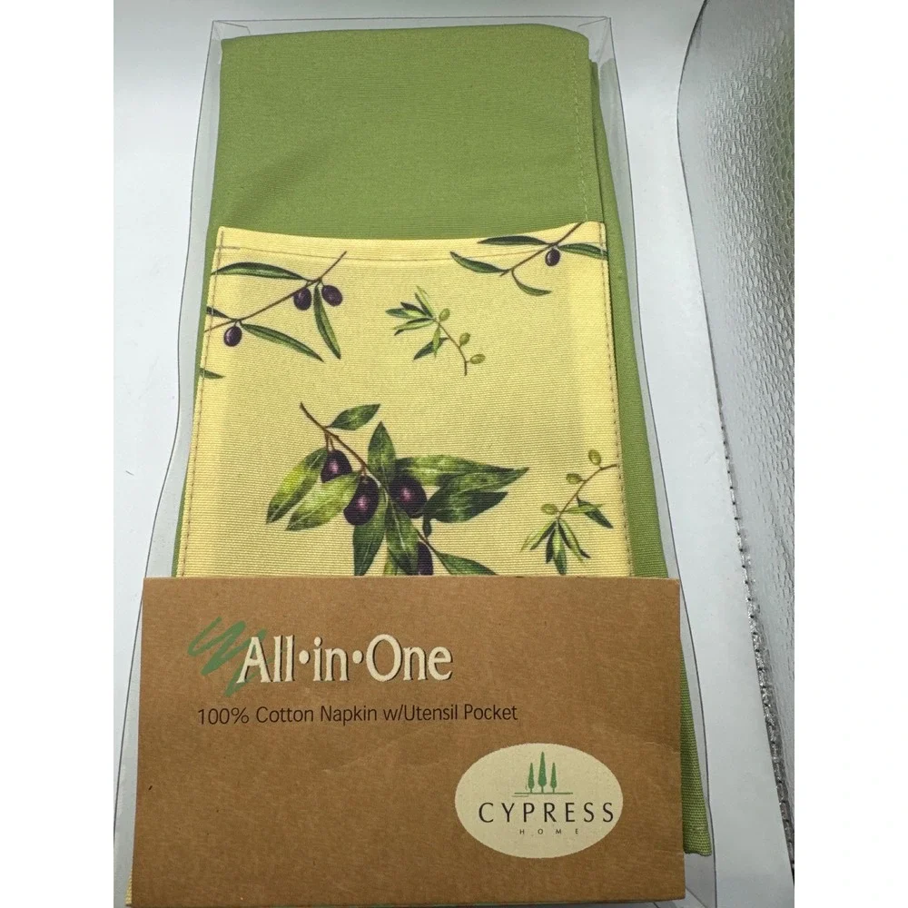 Cypress Home All-in-One 100% Cotton Napkin Set with Utensil Pocket Olive 4pc NEW